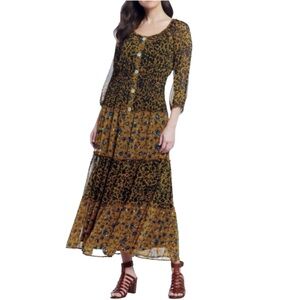 Anthropologie Fig and Flower leopard print floral tiered maxi dress